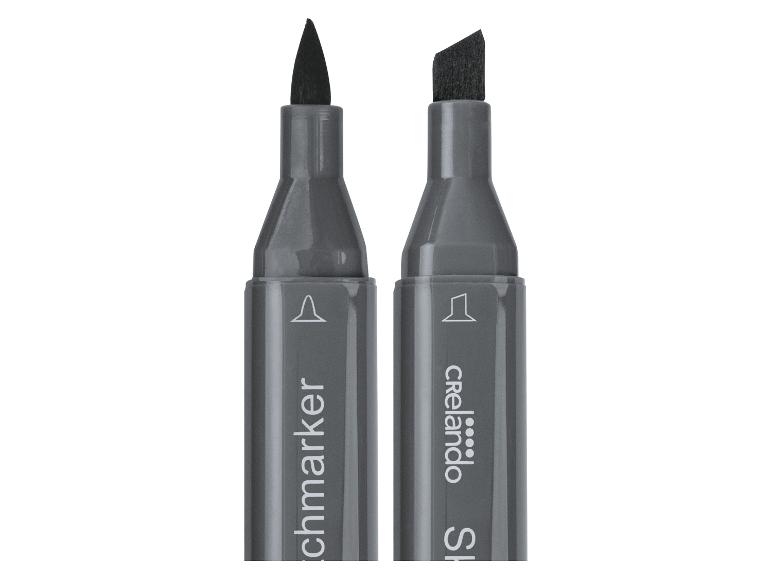 Zwei graue Marker mit verschiedenen Spitzen: eine Pinselspitze und eine Keilspitze.