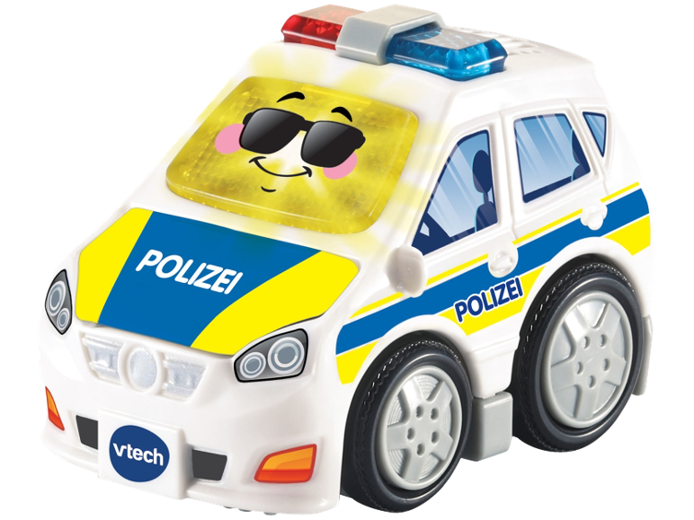 Spielzeug Polizeiauto mit Cartoon-Gesicht, Lichtern und der Aufschrift „POLIZEI“.