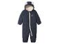 Dunkelblauer gesteppter Baby-Winteroverall mit Ohrenkapuze und Plüschfutter.