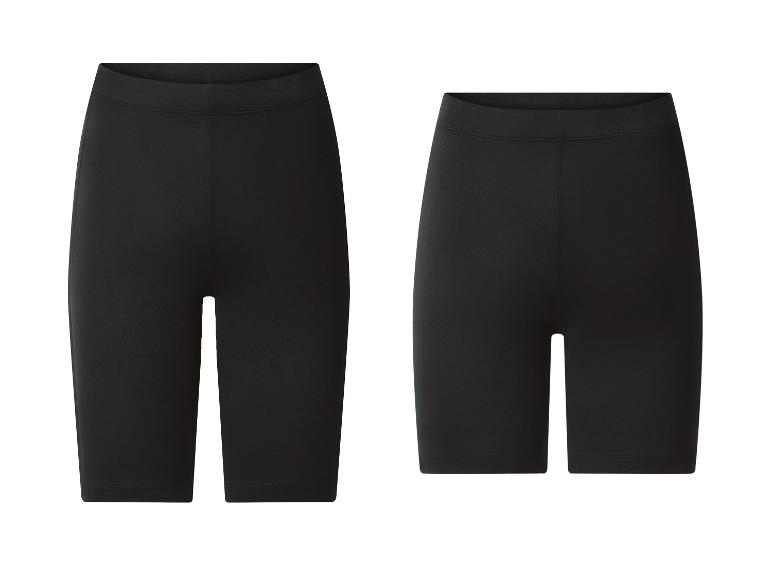 Zwei schwarze Damen-Radlerhosen, eine Vorder- und eine Rückansicht