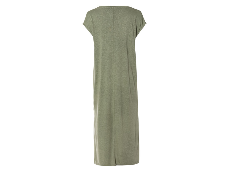 Ein grünes, langes Kleid mit kurzen Ärmeln.