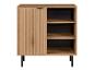 Holzschrank mit schwarzen Beinen, Regalen und geriffelter Schiebetür