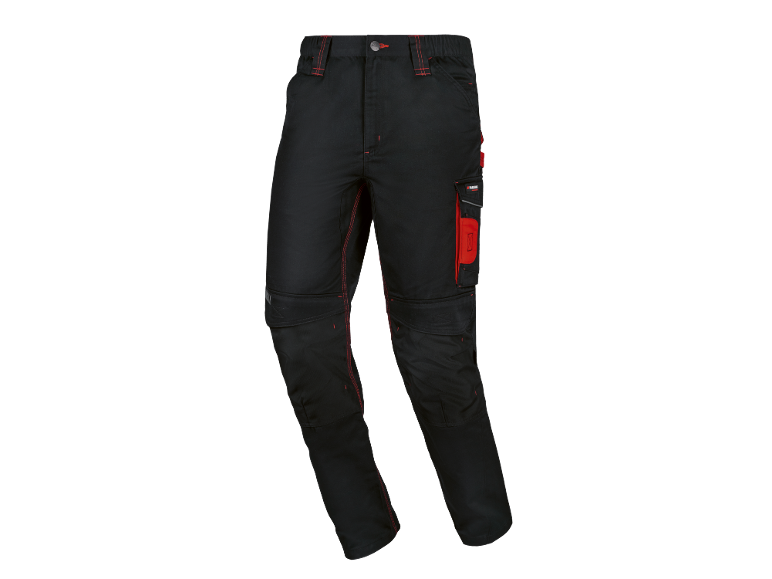 Schwarze Arbeitshose mit roten Nähten und Taschen