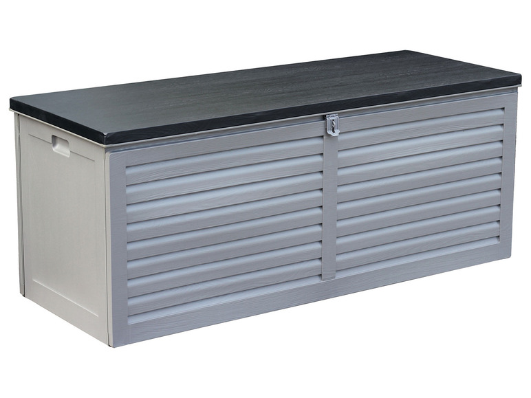 Graue Aufbewahrungsbox mit schwarzem Deckel