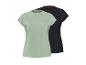 Zwei Damen-Sport-T-Shirts, eines hellgrün und eines schwarz, beide mit Logo.