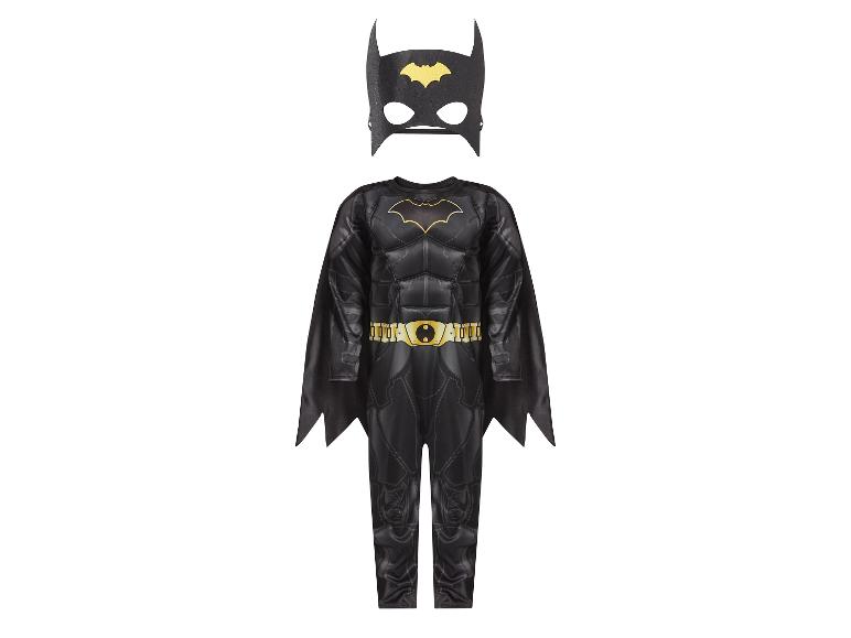 Batman-Kostüm für Kinder, mit einem schwarzen Overall mit gelbem Fledermaussymbol und passender Maske.