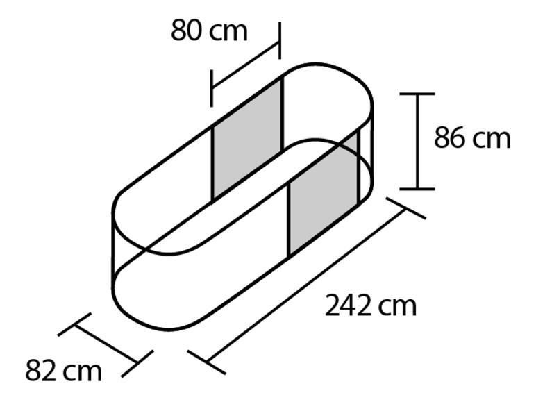 Isometrische Ansicht eines ovalen Hochbeets mit Maßen: 242x82x86 cm, 80 cm Tiefe.