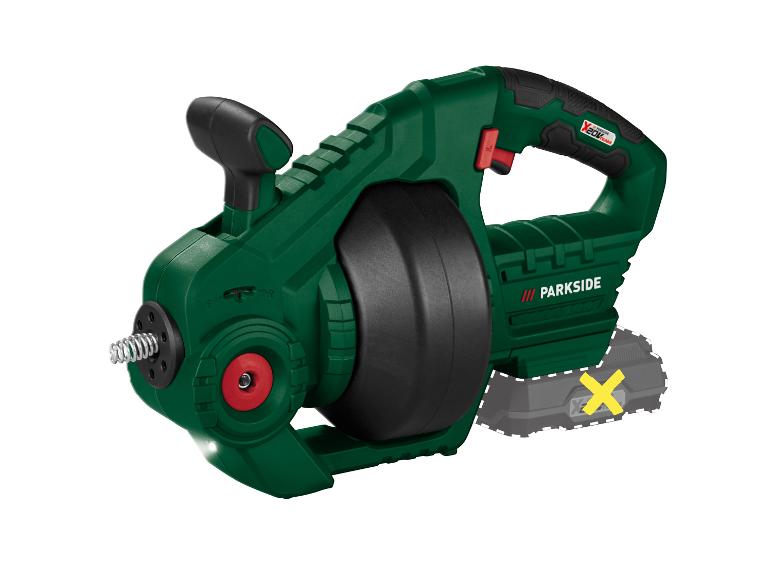 PARKSIDE Akku-Rohrreinigungsgerät mit flexibler Spirale und fehlendem Akku, gekennzeichnet durch ein gelbes X.