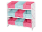 Kinderspielzeugorganizer mit 9 rosa und hellblauen Stoffbehältern.