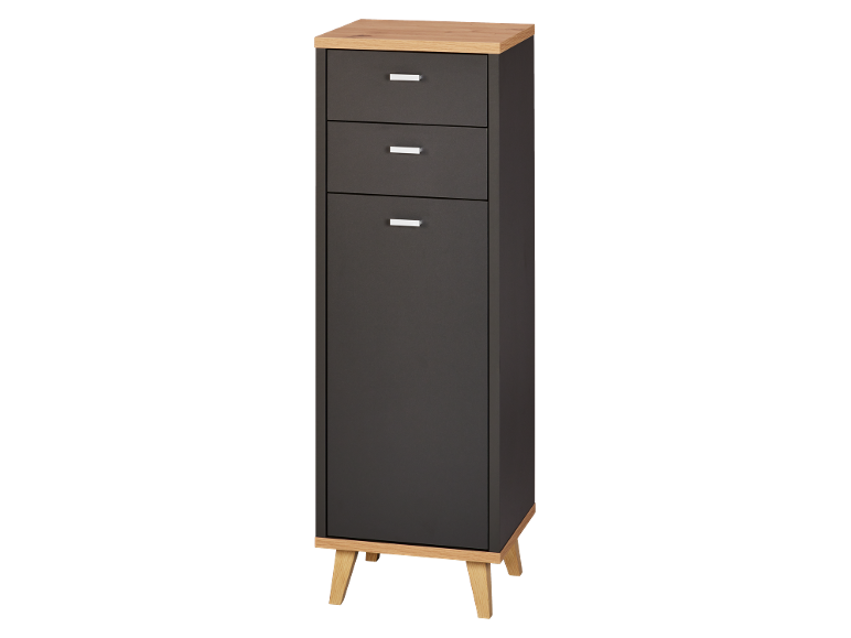 Dunkelgraue hohe Kommode mit drei Schubladen und heller Holzplatte, auf Holzbeinen.