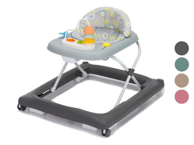 Babywalker mit Spielzeug und grauem Rahmen.