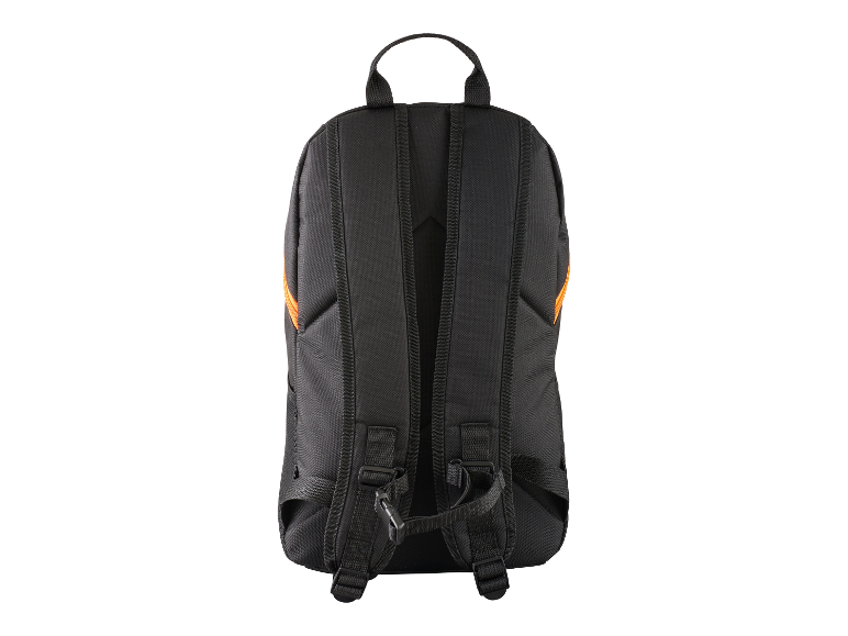 Ein schwarzer Rucksack mit orangenen Akzenten, von hinten gesehen.