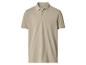 Beiges Poloshirt mit weißem Kragen und Manschetten, mit zwei Knöpfen.
