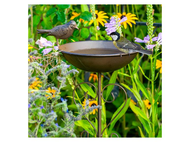 Vogeltränke mit Metallvogelfigur und lebender Kohlmeise, umgeben von blühenden Blumen.