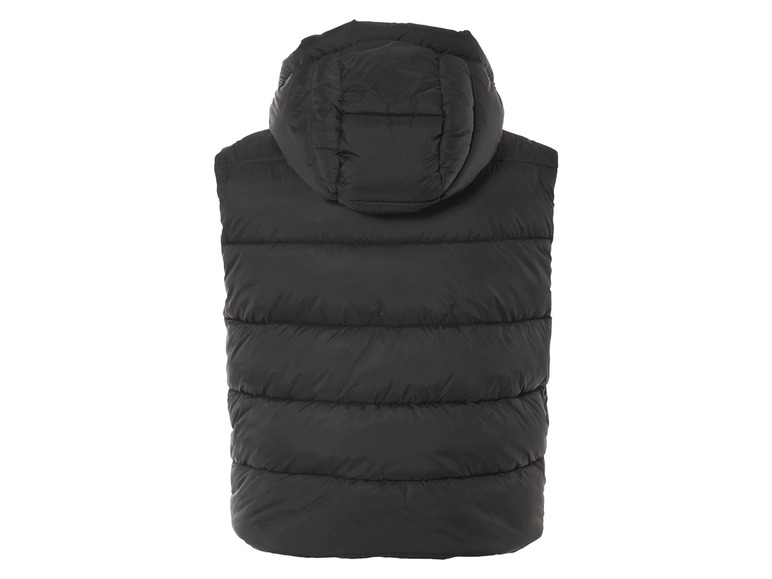 Eine schwarze, gesteppte Weste mit Kapuze.