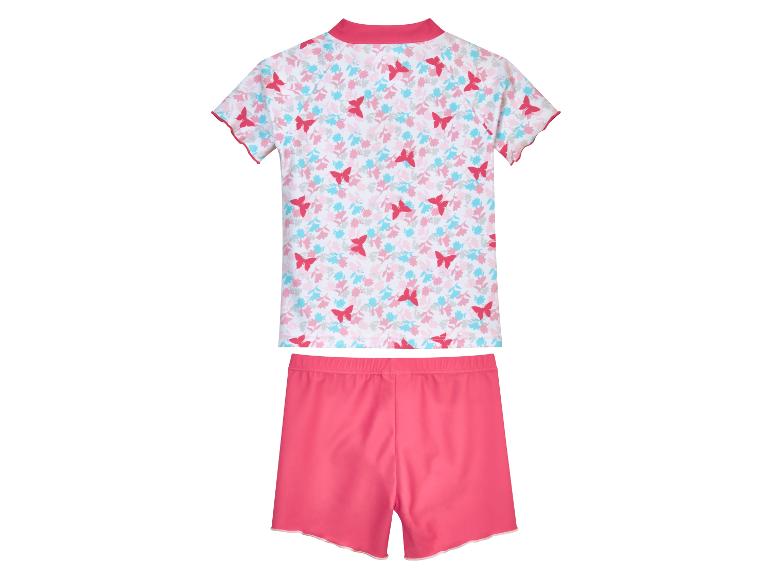 Mädchen Badeanzug: Oberteil mit Schmetterlingsmuster, rosa Hose.