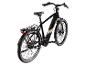 Schwarzes E-Bike mit Gepäckträger und grauen sowie goldenen Details.