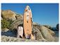 Stand-Up-Paddle-Board mit Blumendesign, Rucksack, Paddel und Pumpe an einem Felsstrand.