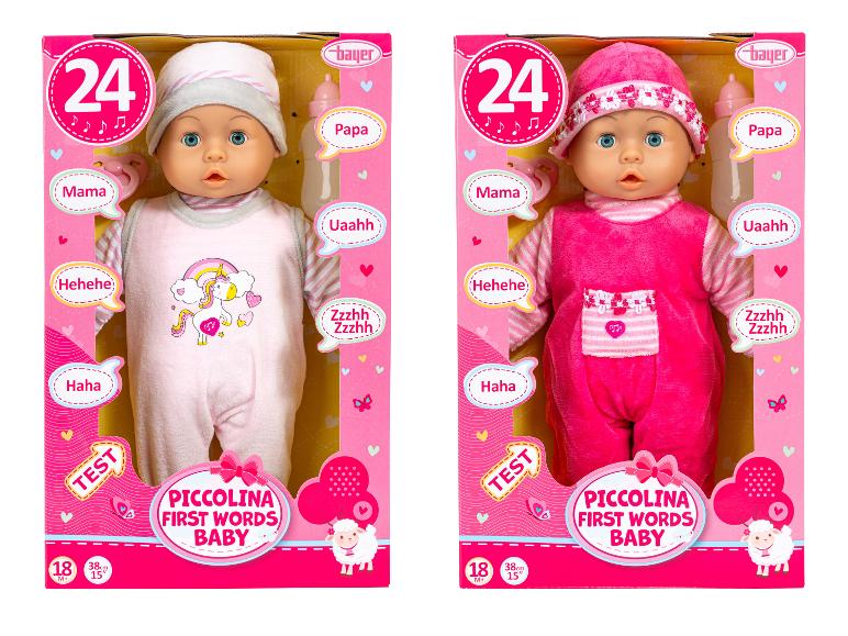 Zwei Piccolina First Words Baby Puppen in hellrosa und pinker Verpackung.
