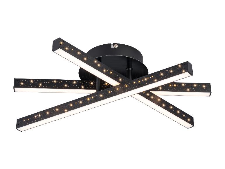 Moderne schwarze LED-Deckenleuchte mit Sternen-Effekt-Perforationen und linearen Lichtbalken