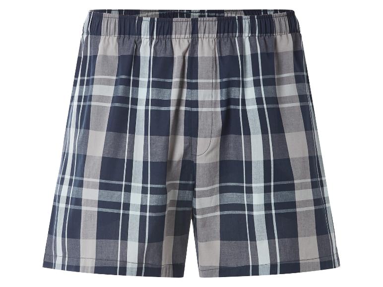 Herren-Boxershorts aus Baumwolle mit Karomuster in Marineblau, Grau und Weiß.