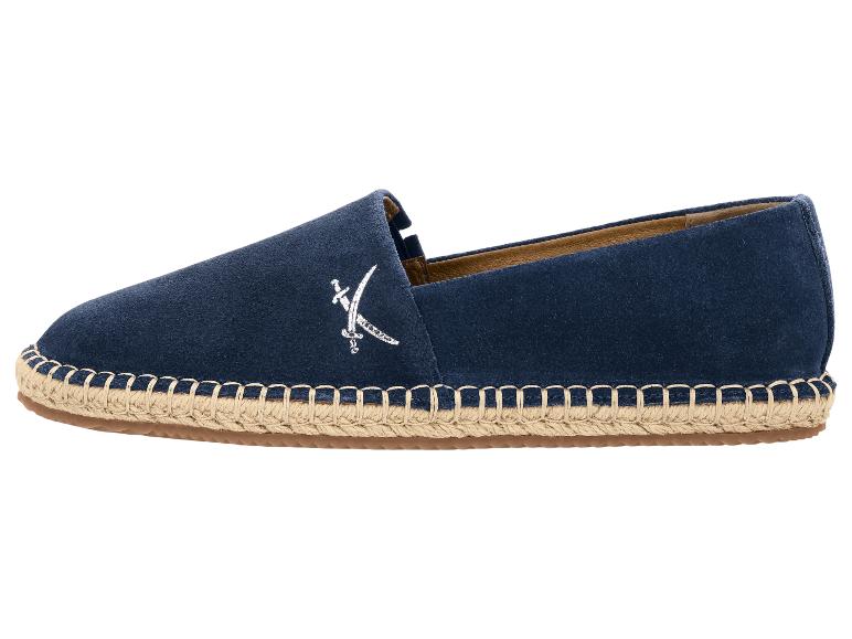 Blaue Wildleder-Espadrilles mit Stickerei und geflochtener Sohle.