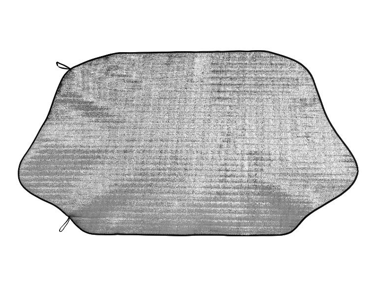 Silberner Auto-Sonnenschutz mit schwarzen Rändern und Befestigungsschlaufen.