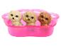 Drei Spielzeugwelpen in verschiedenen Farben, platziert in einem rosa pfotenförmigen Behälter.