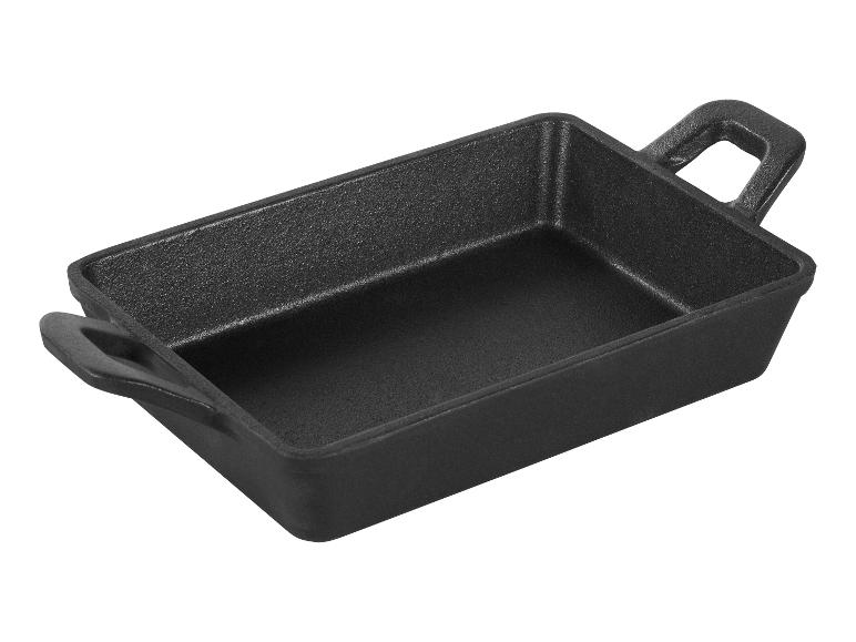 Rechteckige schwarze Gusseisenform mit Griffen, ideal zum Servieren oder Kochen.