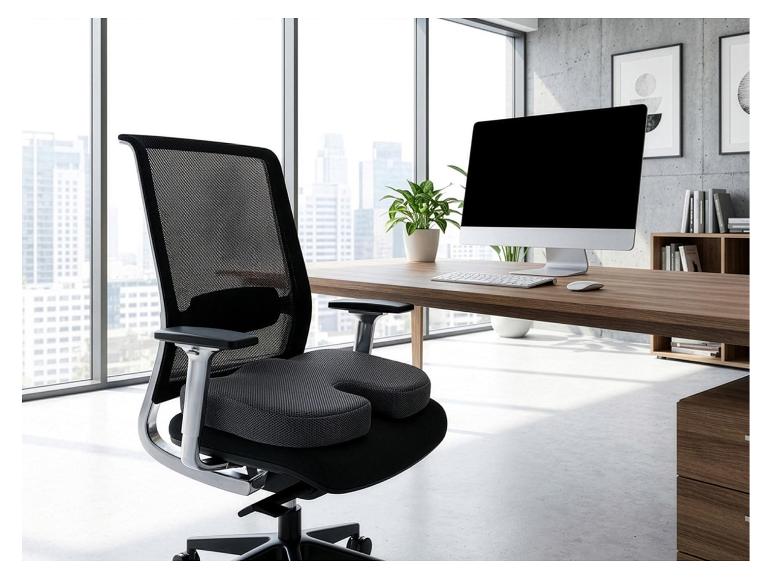 Ergonomischer Bürostuhl mit Sitzkissen, vor einem Fenster mit Stadtblick.