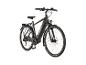 Schwarzes elektrisches Trekkingrad mit Gepäckträger und Schutzblechen.