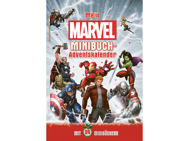 Marvel Adventskalender mit Minibüchern, mit vielen Comic-Charakteren.