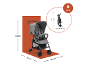 Grauer Kinderwagen mit Maßen: 100 cm (H), 75 cm (L), 45 cm (B), und zusammengeklappt: 81 cm (H), 24 cm (B), Gewicht 5,9 kg.