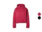 Roter Damen-Kapuzenpullover mit geripptem Saum und Bündchen.