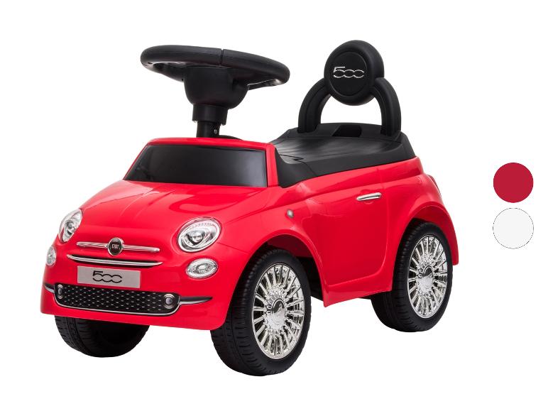 Rotes Rutschauto mit schwarzem Lenkrad und Sitz, mit Chrom-Optik-Rädern.