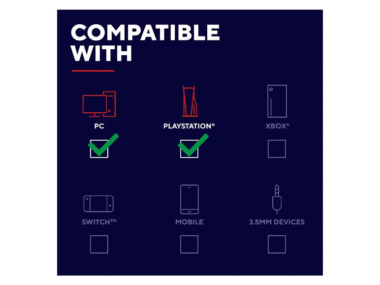 Kompatibilität: PC und PlayStation, mit Symbolen für Xbox, Switch, Mobilgeräte und 3.5mm.