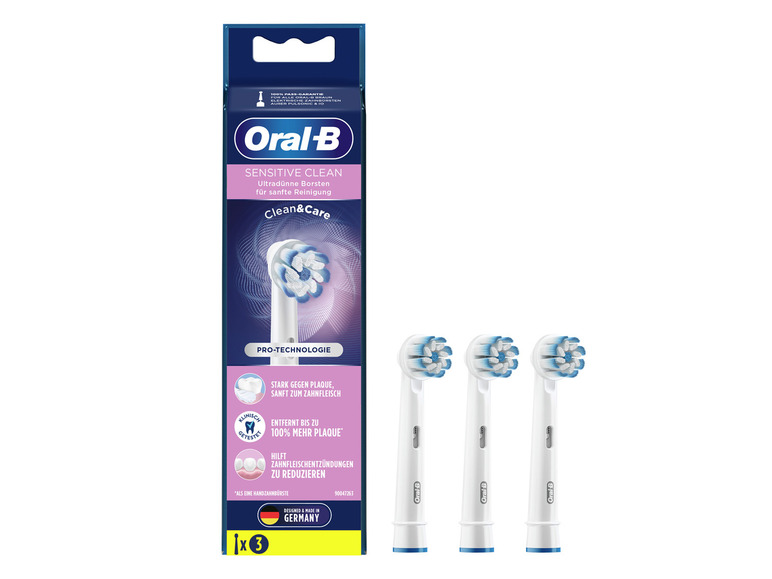 Drei Oral-B Sensitive Clean Bürstenköpfe für elektrische Zahnbürsten.