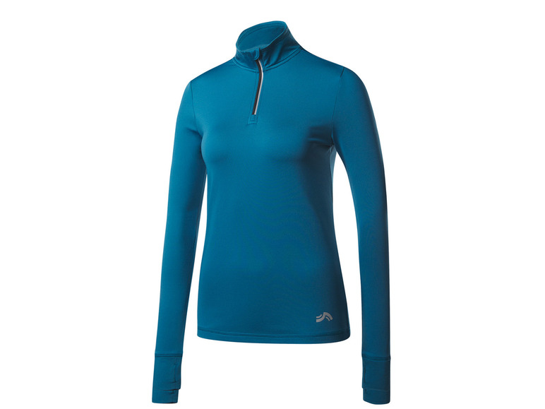 Ein blaues Sport-Langarmshirt mit einem halben Reißverschluss.