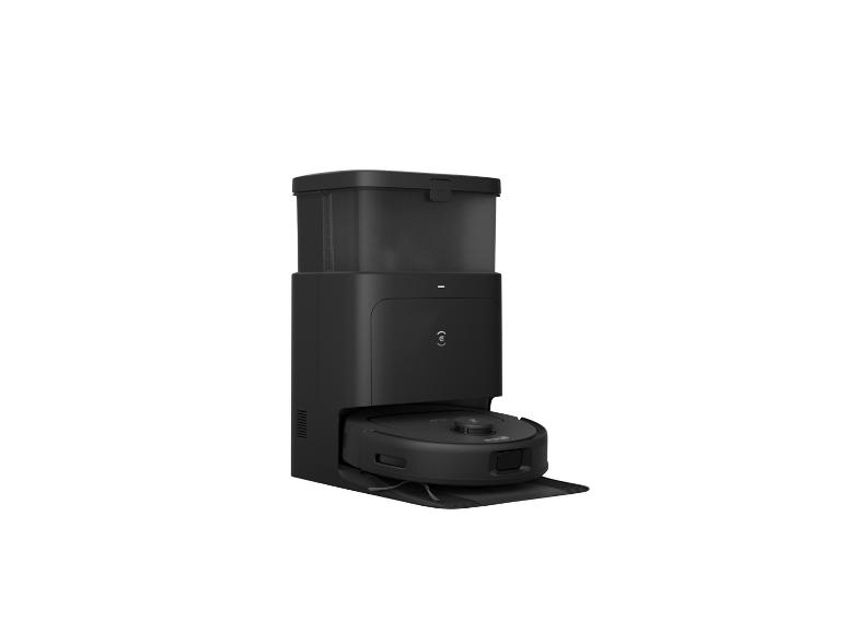 Ein schwarzer Saugroboter mit hoher Dockingstation, auf weißem Hintergrund.