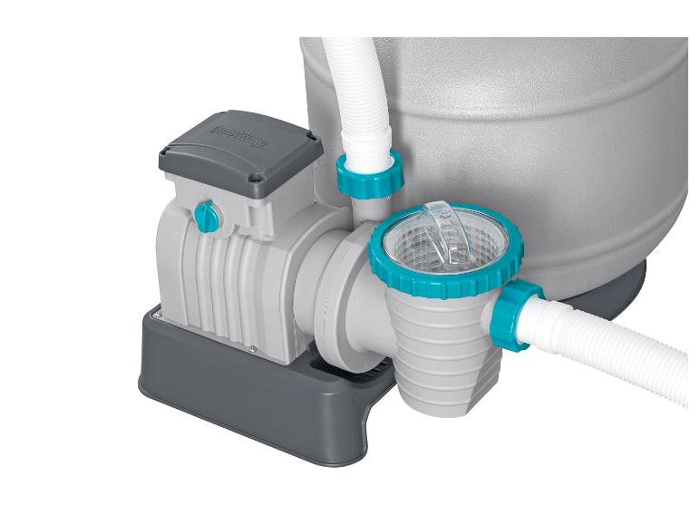 Bestway: Poolfilter und -pumpe, grau-türkisfarbenes Design.
