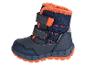 Blaue Winterstiefel mit orangefarbenen Details und dem Label 'Waterproof'.