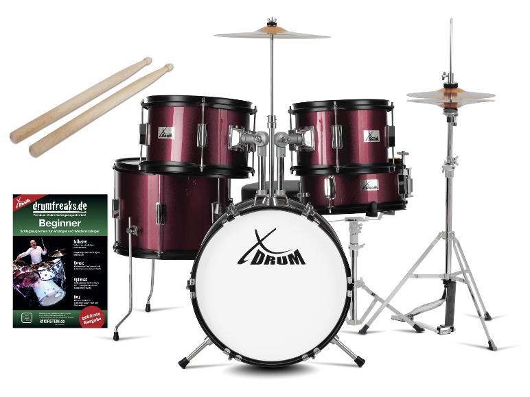 XDRUM Schlagzeug in Bordeaux mit Drumsticks und einem Anfänger-Lehrbuch.