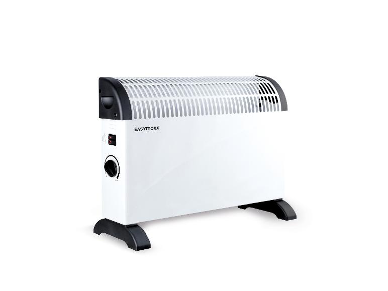 Weißer Konvektorheizer mit schwarzen Füßen und Bedienknöpfen.