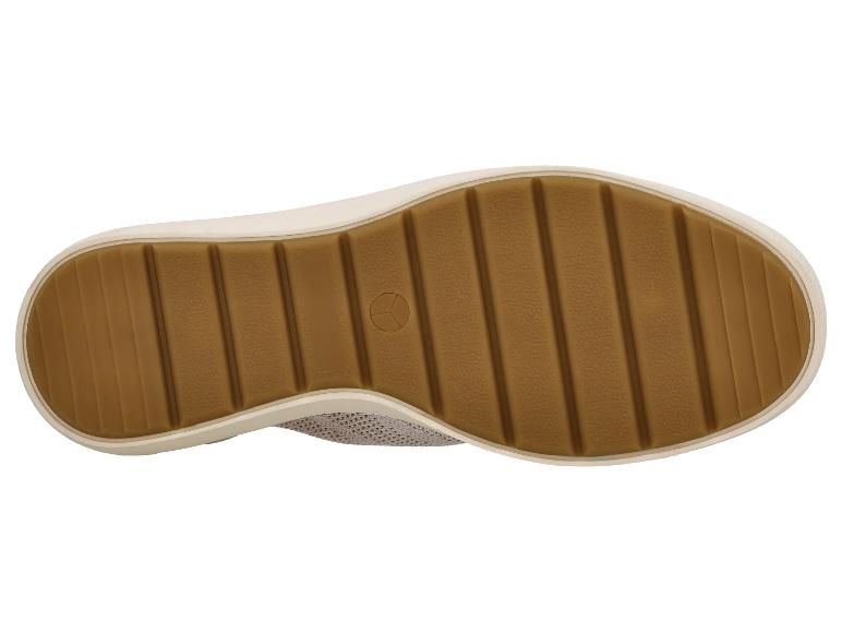 Braune Schuhsohle mit Streifenmuster und kleinem kreisförmigen Logo.