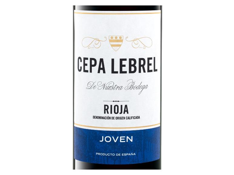 Rioja Joven Rotweinflasche mit weißem und blauem Etikett mit goldenen Akzenten.