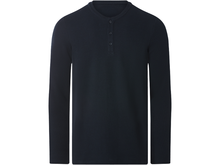 Dunkelblaues Langarm-Henley-Shirt für Herren mit Waffelstrick-Textur und drei Knöpfen.