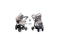 Beiger Kinderwagen mit Regenschutz, umwandelbar von Babywanne zu Sportsitz.