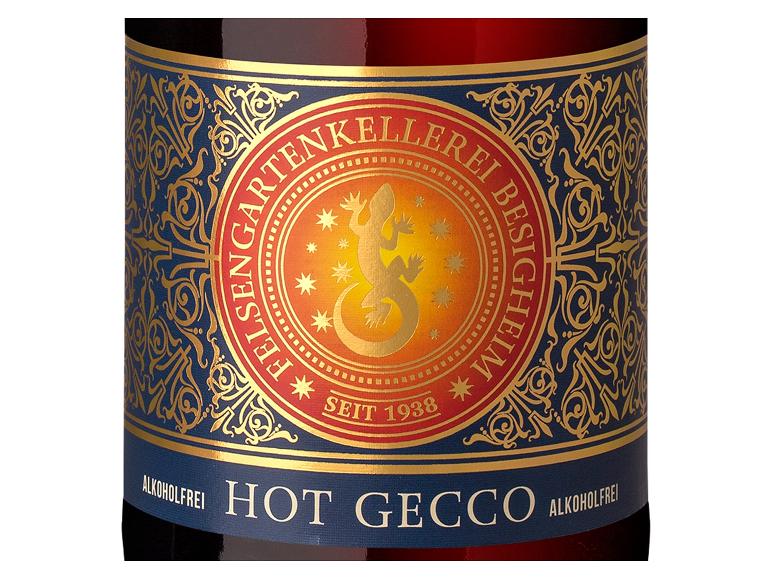 Etikett für alkoholfreies Getränk 'Hot Gecco' mit goldenem Gecko und Text 'FELSENGARTENKELLEREI BESIGHEIM SEIT 1938'.