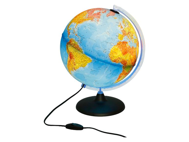 Beleuchteter Globus mit detaillierter Karte und Netzkabel.