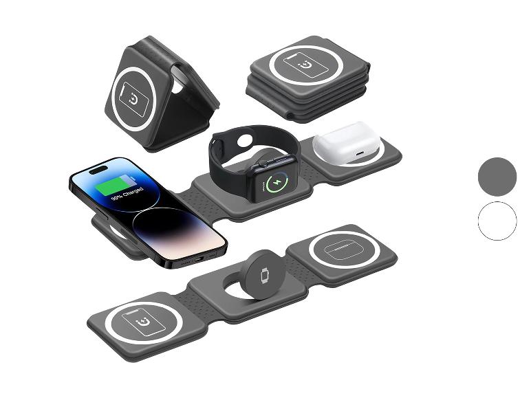 Graues kabelloses Ladegerät für iPhone, Apple Watch und AirPods.